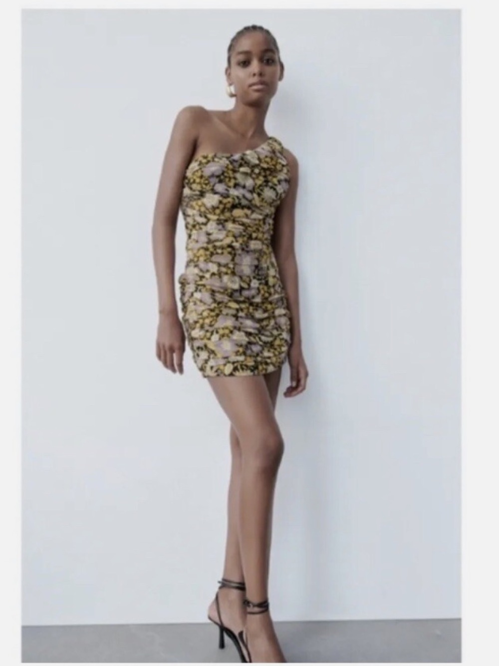 Zara One Shoulder Floral Ruched Bodycon Mini Dress Black Purple Yellow M NWT $69